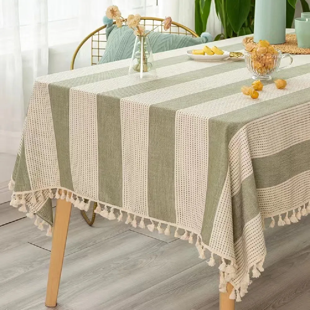 Mantel a rayas con borlas para banquete de boda, mantel Rectangular para mesa, decoración de lino y algodón, verde, rosa, azul y gris
