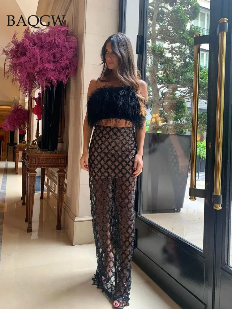 Женский комплект из двух предметов укороченный топ с перьями пикантный