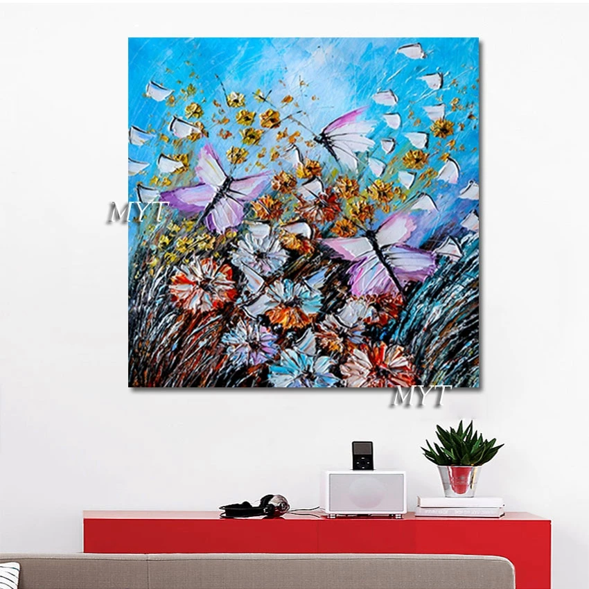 

Бескаркасная Толстая палитра ножей бабочки и цветы настенное художественное украшение холст ручной работы искусство для отеля