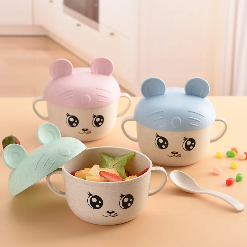 

Cute Cartoon Children Bowl with A Spoon Wheat Straw Heat Insulation Kids Tableware Set Baby Kids Feeding Bowl Platos Para Bebe