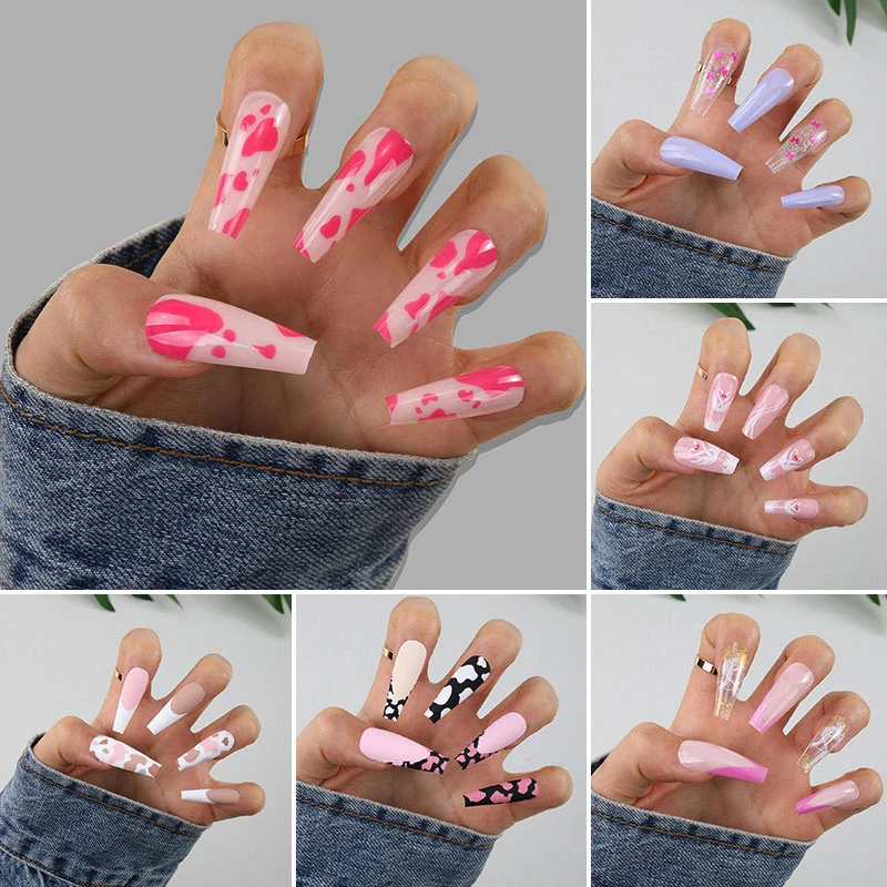 

Press On Nails With Designs Long False Nails Full Cover Ballet Wearing Nail Tips Natural Fake Nails French Printed Reusable 2022