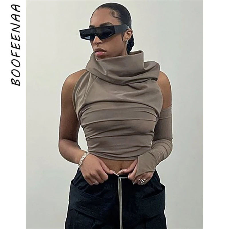 

BOOFEENAA Asymmetrical Crop Top Sexy Trendy One Sleeve Hooded Backless Fitted T Shirts Streetwear Women Clothing 2023 C85-BF19