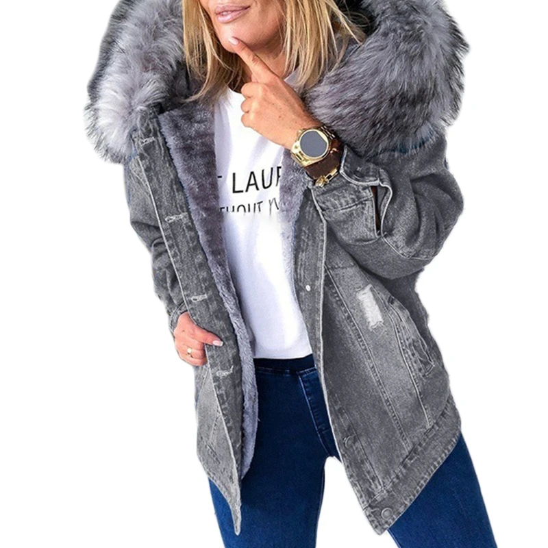 2023 Fashion  Winter Elegant Warm Single-breasted Mid-length Jacket Plush Thick Fur Collar Slim-fit Single Breasted Denim Jacket