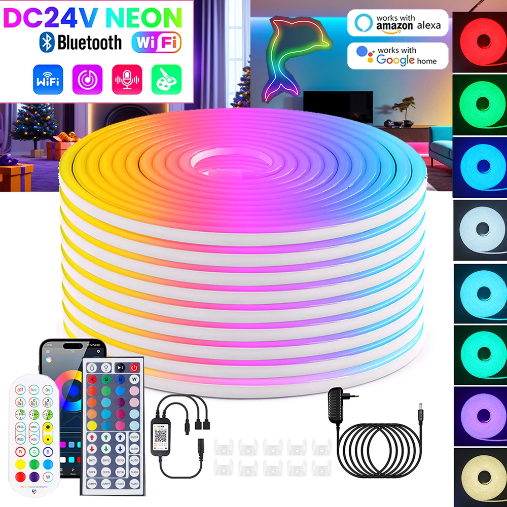 Фото WIFI Bluetooth RGB Неоновая светодиодная лента 5 м 10 м 20 м 30 м Свет 24 В 24 клавиши 44 клавиши Пульт дистанционного управления ЕС США Великобритания AU Power Kit 60 светодиодов/м Водонепроницаемый №1