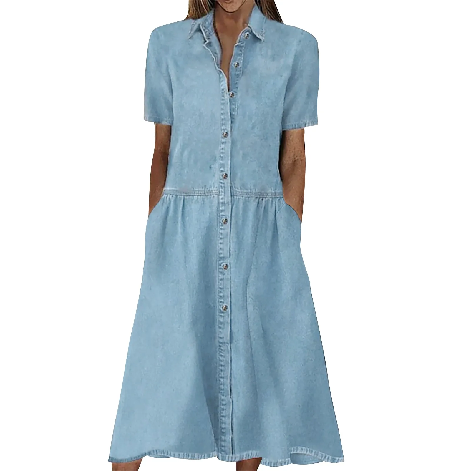 

Женское джинсовое платье с коротким рукавом, асимметричным подолом и карманами, до колена, свободного покроя, на пуговицах, лето 2023