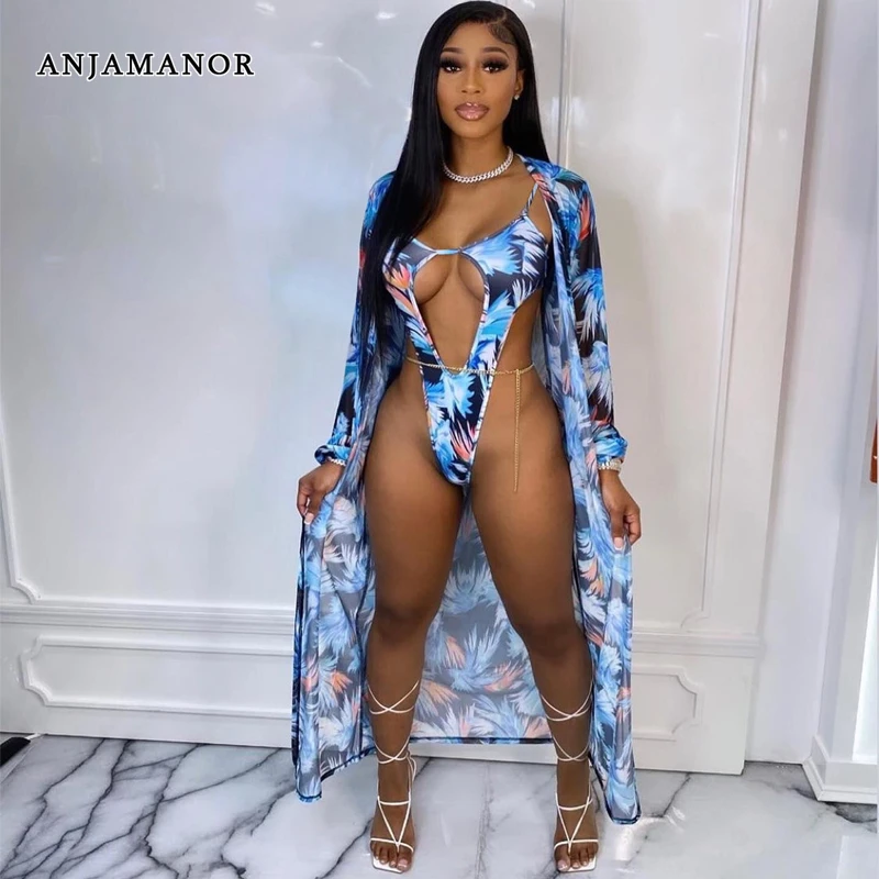 

ANJAMANOR Tropical Print 2 Piece Set Sexy Hollow Out Swimsuit Cover Up Beach Outfits for Women Vacation Summer Clothes D27-DC28