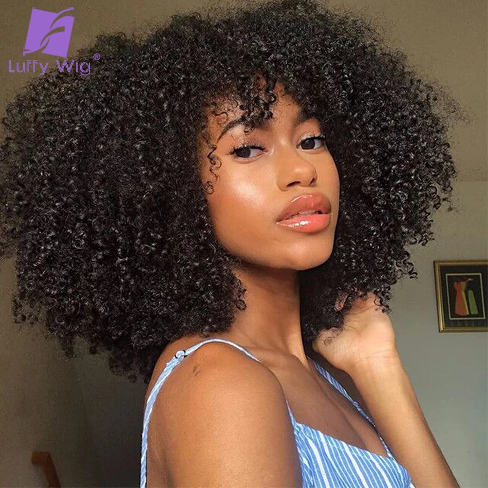 Afro Kinky Curly Human Hair Wig with Bangs Full Machine Made Scalp Top Wig Glueless Remy Brazilian Kinky Afro Wigs for Women