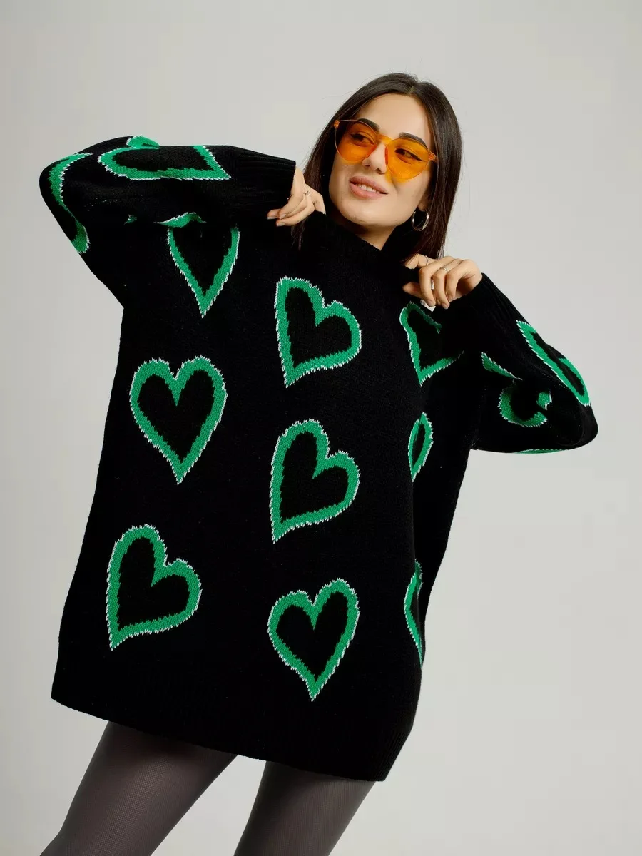 Женский вязаный свитер с принтом сердечек Свободный пуловер круглым вырезом и