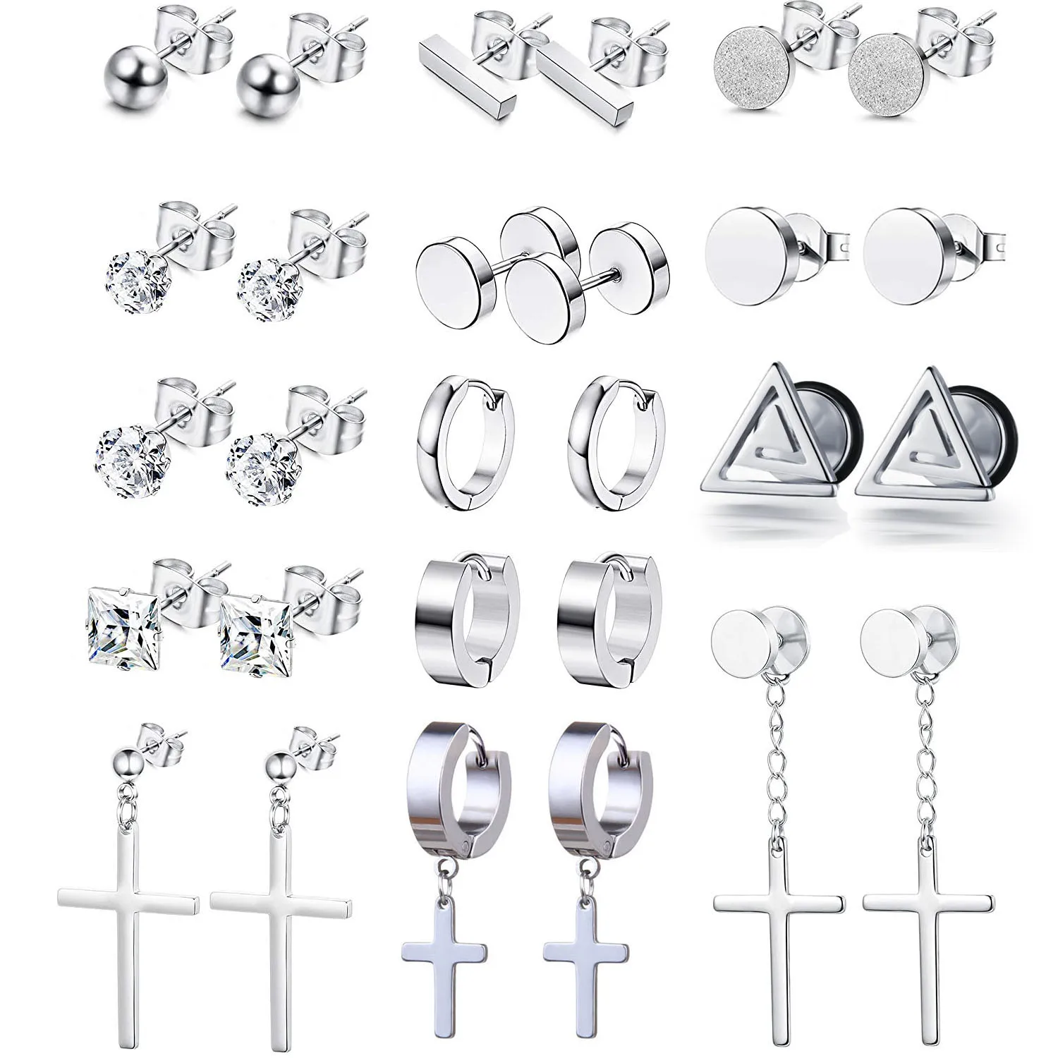 

1-14 Pairs Stainless Steel Dangle Hinged Cross Stud Earrings Hoop Huggie Earrings Ear Piercing Jewelry for Men Women Silver Tone