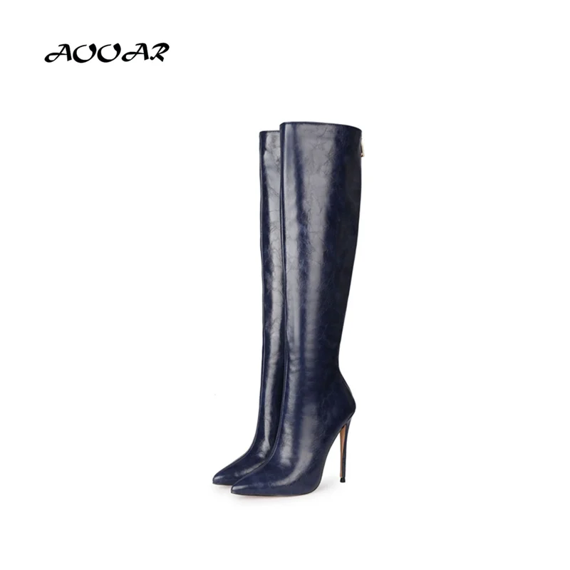 

AOOAR Elegant Knee-high Long Boots Pointed-toe Stilettos 12CM Woman Thin High Heels Zip Blue Designer Shoes US5-US13 EU35-EU45