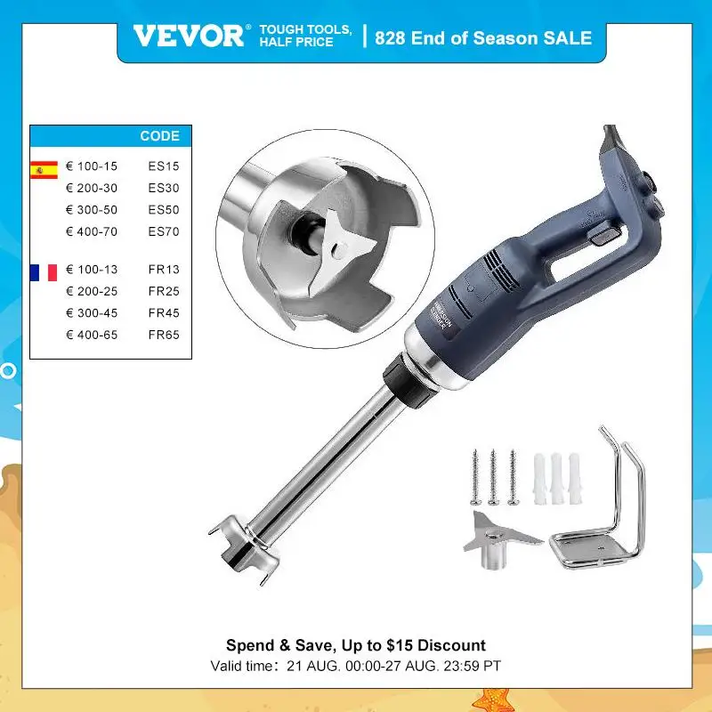 VEVOR 9.8-Inch Immersion Blender 350W Electric Handheld Mixer Variable Speed 4000-16000RPM Removable Shaft for Various Food Use
