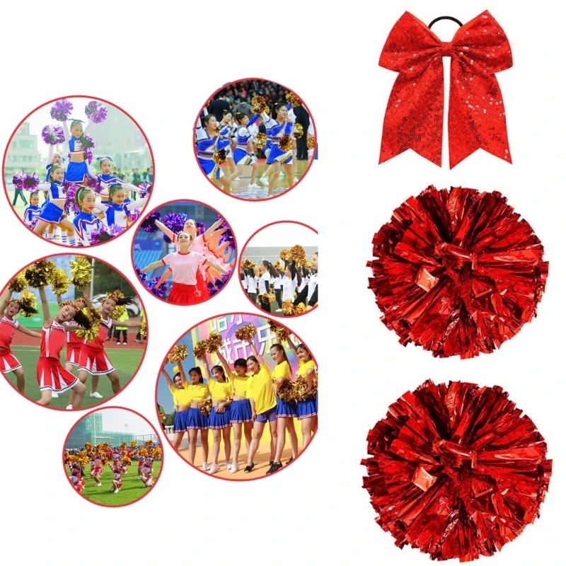 

Metallic Cheerleading PomPoms Large Cheer Hair Bows Ponytail Cheer PomPoms And Bows Softball Dance Cheerleader Outfit