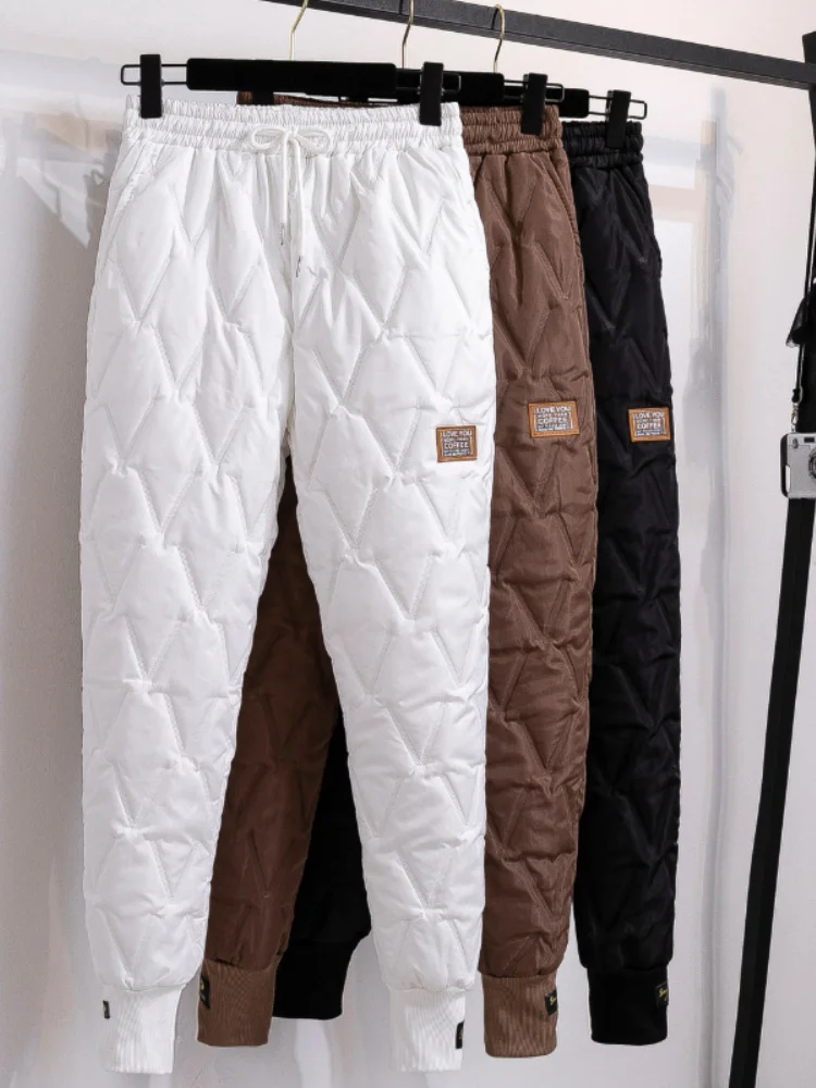 

Зимние Пуховые хлопковые брюки размера плюс, женские плотные теплые шаровары, женские повседневные свободные брюки с эластичной завышенной талией, брюки 4XL
