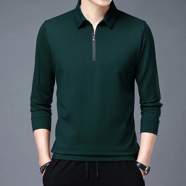 

High Quality Mens Shirt New Fashion Brand Spring Autumn Business Casual Slim Zipper Lapels Long Sleeve Polo Shirts Male