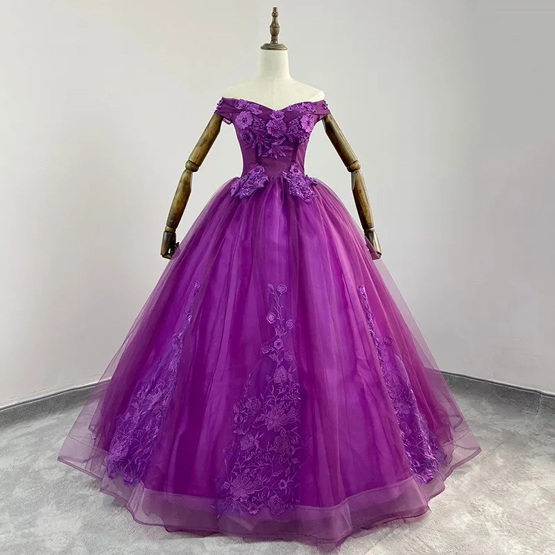 Purple Vestidos De Quinceanera Dresses Elegant Ball Gown Sweet Flower Off Shoulder Vestidos De Fiesta Robe De Bal Plus Size
