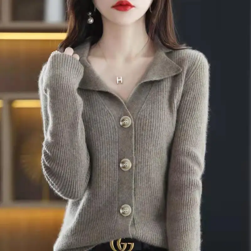 Ladies New Knitted Cardigan Jacket Spring And Autumn  POPL Collar Cardigan Long Sleeve Solid Color Sweater Short Loose Sweater