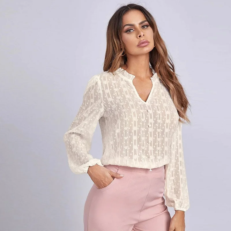 

V-neck Pullover Long Sleeve Chiffon Striped Lace Shirts Temperament Commuter Blouse 5 Colors S-XL Women Pink Sheer Chiffon Shirt