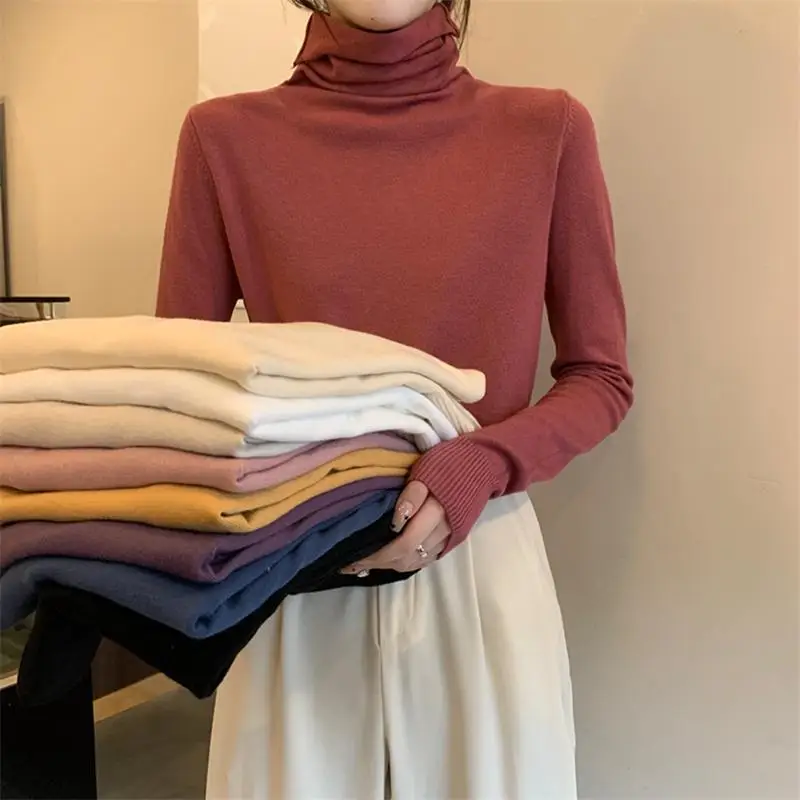 

Повседневная шикарная Однотонная футболка с высоким воротом и длинным рукавом, женские футболки, топы, Японские Женские футболки Ulzzang, женс...