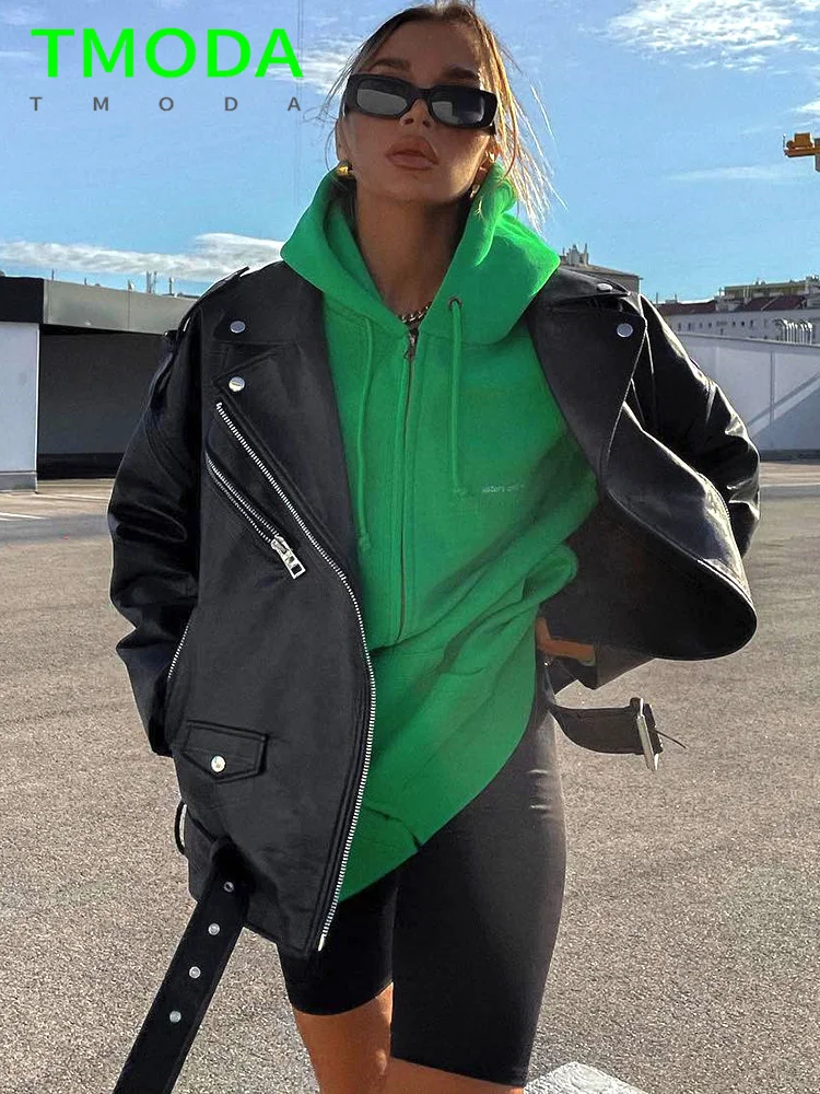 

Куртка женская демисезонная из искусственной кожи, свободная повседневная верхняя одежда с подвесными плечами для мотоциклов, локомотивная одежда с поясом