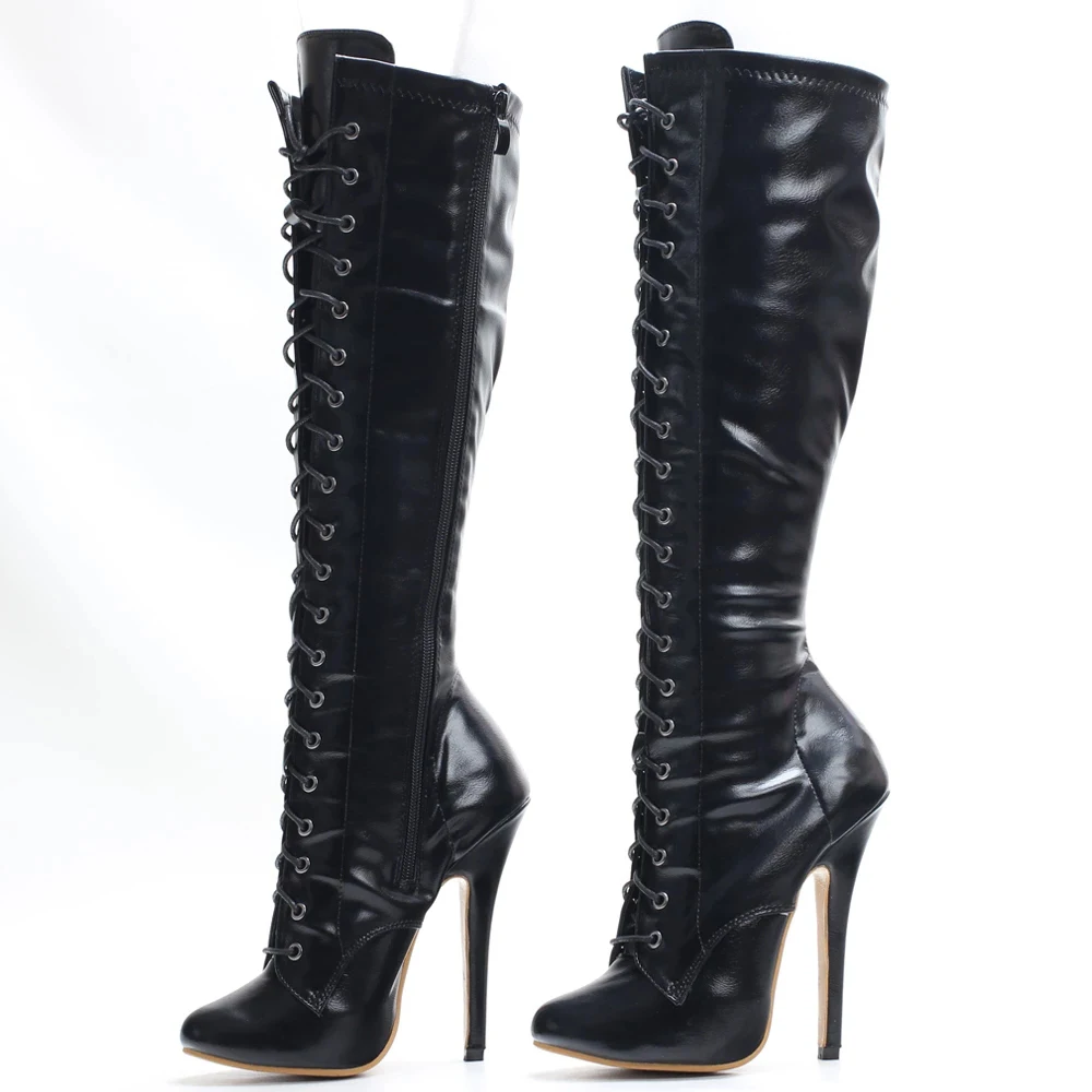 14CM High Heel Pointed toe Solid PU Leather Side Zip Women Fetish Cosplay Party Knee-high Boots