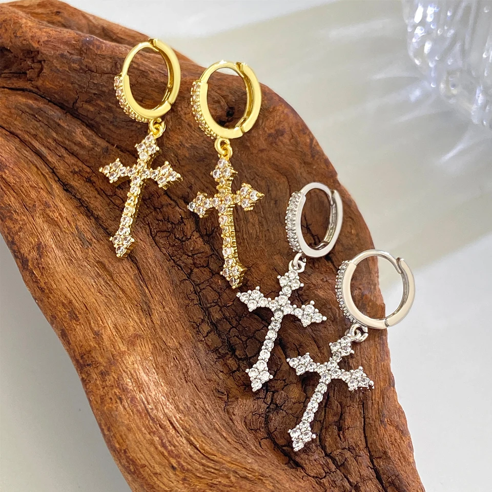 Серебряные Металлические Серьги-кольца С Крестом И Прозрачным Хрустальным