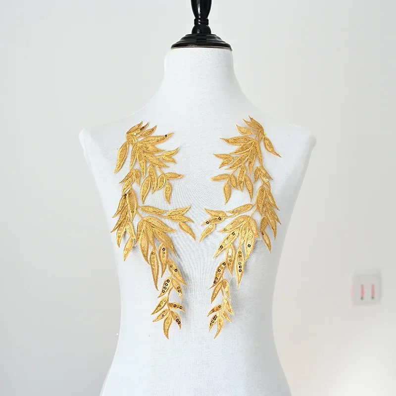 Одна пара золотых бамбуковых листьев вышивка кружевная Аппликация Свадебное