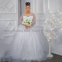 africa wedding dress 2022 sheer scoop long sleeves pearls soft tulle ball gown bridal dresses robe de mariee plus size