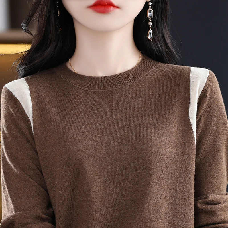 Женский трикотажный шерстяной свитер контрастный тонкий с круглым вырезом