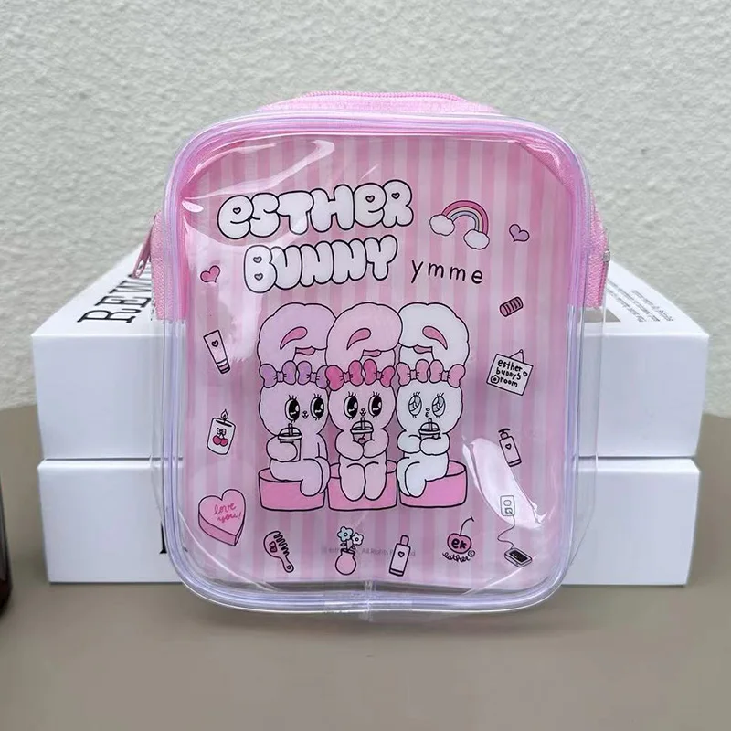 Фото Милая прозрачная косметичка Esther Bunny с розовыми полосками, из ПВХ, для хранения косметики, портативная дорожная сумка для туалетных принадлежностей, подарок для подруги №1
