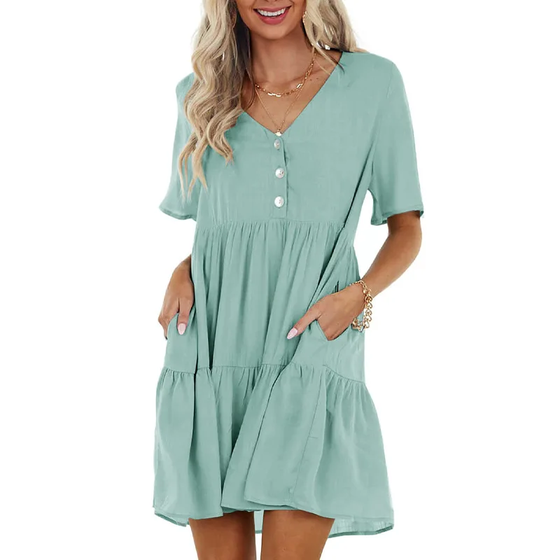 

Women's Short Sleeve Pleated Casual V Neck Solid Color Dress with Pockets