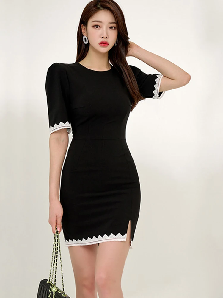 

Elegant Women Dress Korean Simple Black O-Neck Puff Sleeve Skinny Slit Slim Mini Party Street Gown Femme Vestidos Mujer Summer