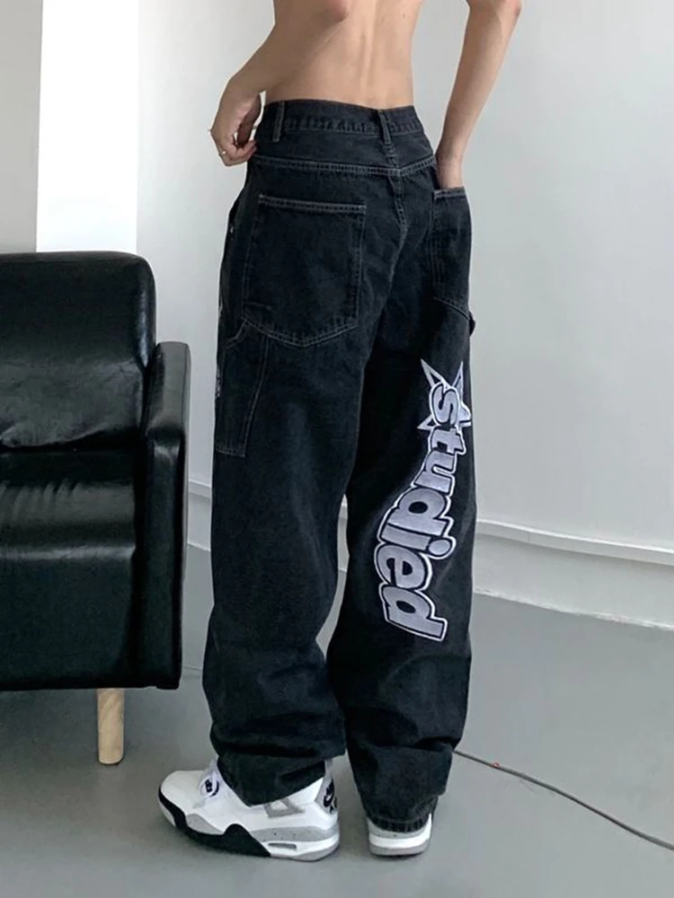 Men Pants Loose Jeans Street Clothing Retro Hip Hip Hip -hop Alphabet Embroidered Jeans Loose Straight Leg Pants Wide Leg Pants