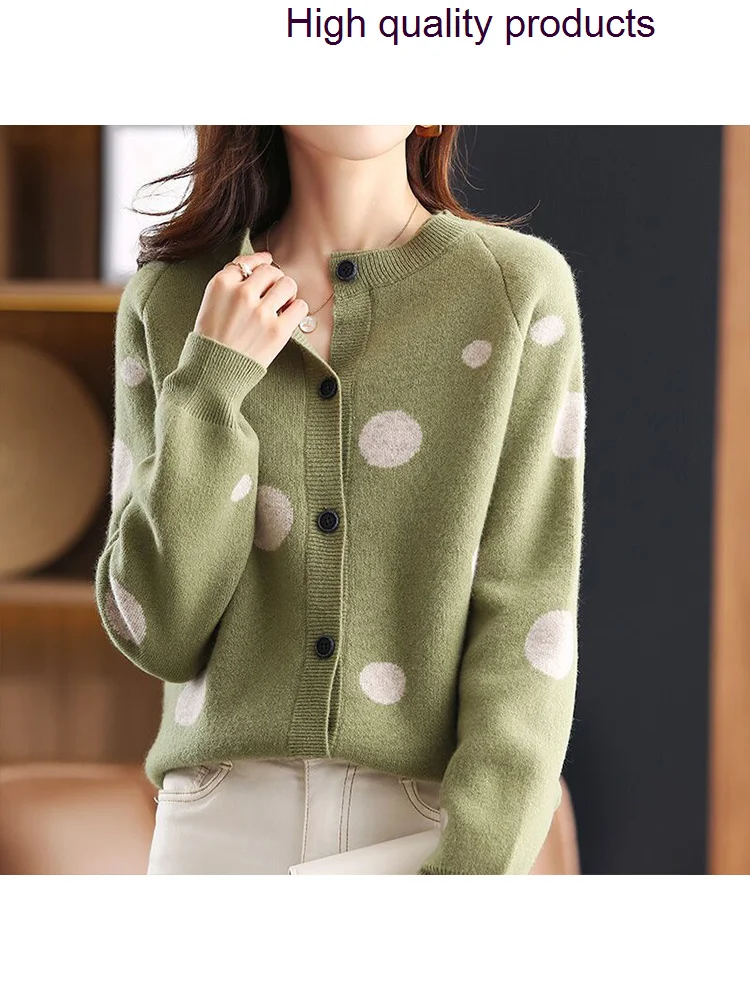 

Spring 2023 Autumn New Round Neck Long-sleeve Loose Knit Casual Korean Sweater Coat Hot Pure Wool Cardigan Jacket Women's