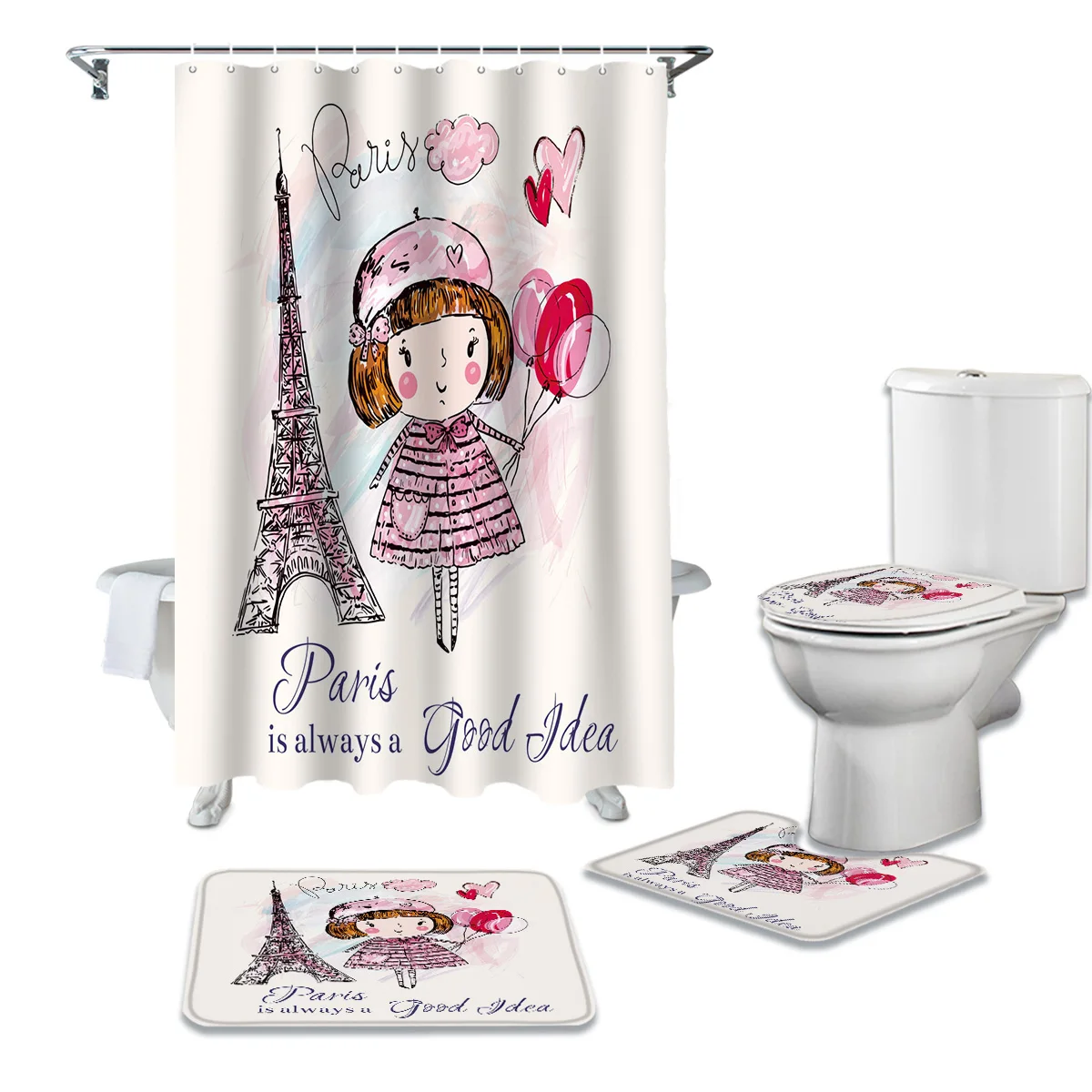 

Girl Tower Retro Balloon Art Clouds Print Shower Curtain Set Carpet Cover Toilet Cover Bathroom Mat Bathroom Household