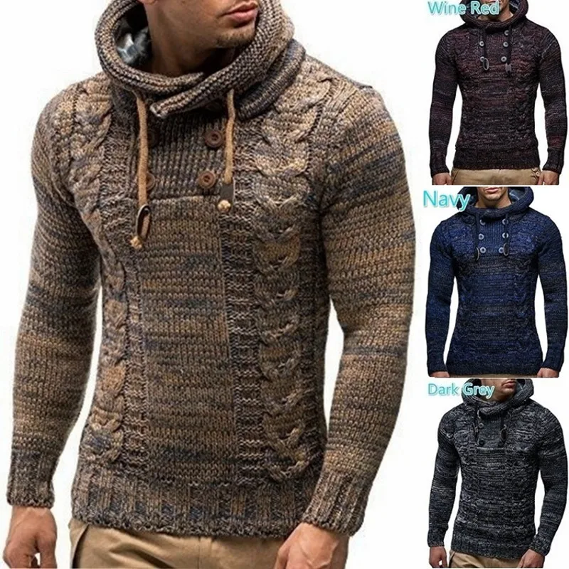 

Mens Fashion Solid Color Knit Hooded Sweaters Round Neck Long Sleeve Slim Fit Pullover Tops Autumn Winter Male Casual Sportswear