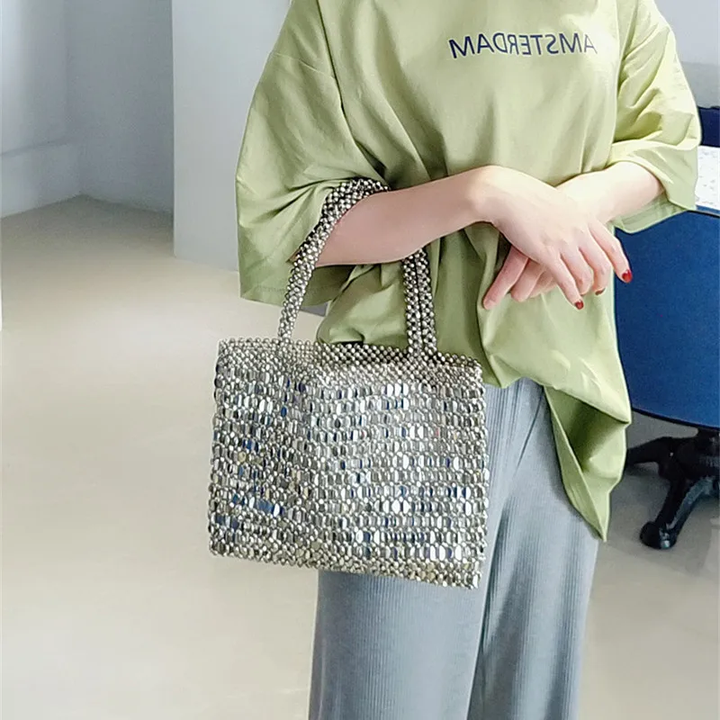 

By H 2022 Handmade Sliver Beaned Handbag With Inside Pocket Vintage Style Summer Shopping Bag Women's Vacation Shoulder Bag