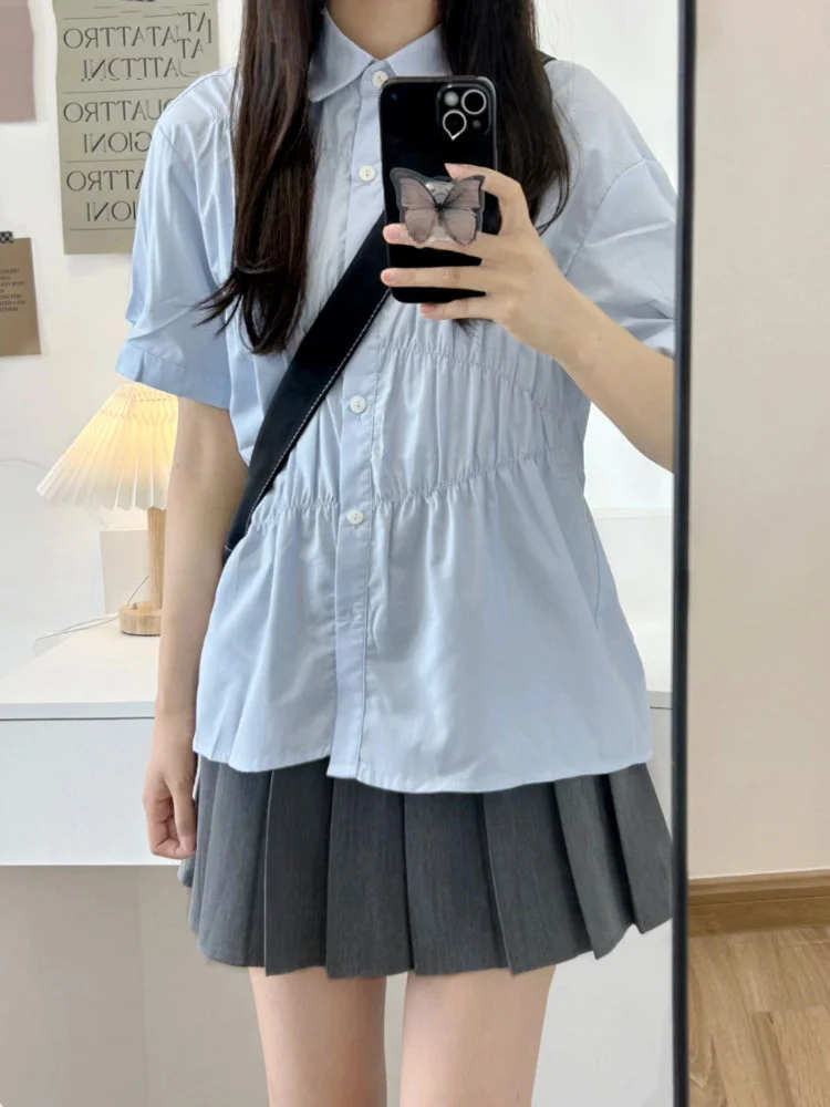 

2023 Summer Loose Solid Short Sleeve Blouse Women Y2k Aesthetic Shirt Pleated Preppy Tops Casual Fashion All Match Cute Blusas
