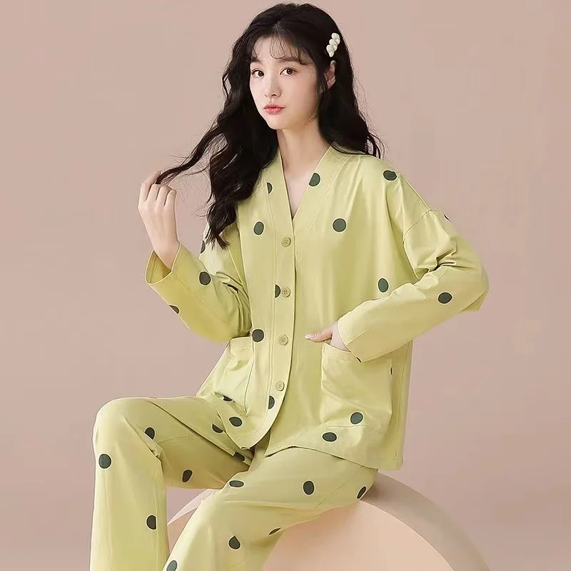 

2023 New Pajamas Set Women V-Neck Sleepwear Pijamas Spring Autumn Long Sleeve Homewear Female
