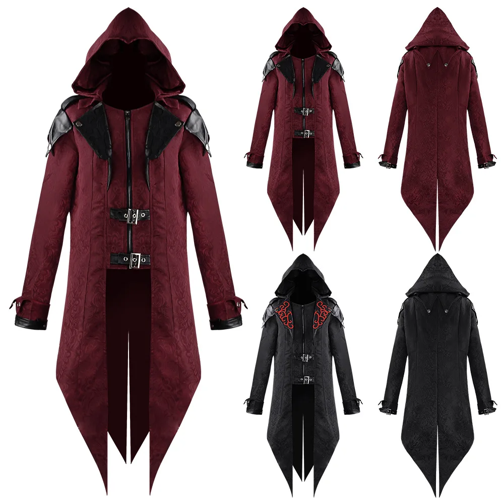

Steampunk Gothic Tuxedo Trench Coat For Women Men Medieval Retro Hooded Jacket Halloween Party Cosplay Costume Killer Uniform