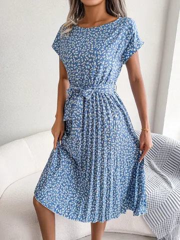 Summer Floral Pleated Midi Dress Women 2023 New High Waist Chic Long Dress with Belt Female Short Sleeve A-Line Dresses Vestidos