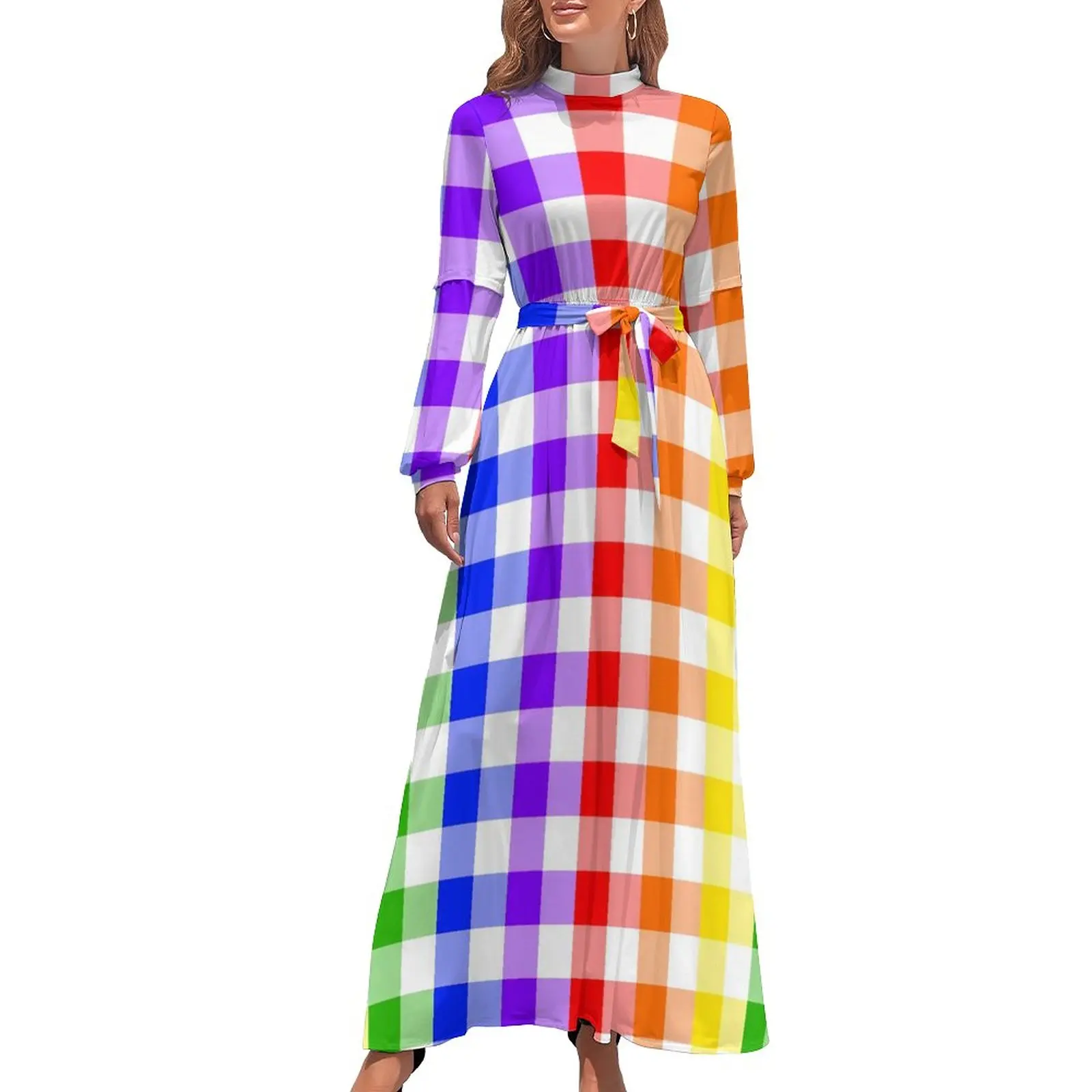 

Радужное платье в клетку, красочные клетчатые модные пляжные платья в Корейском стиле бохо, женское Элегантное Длинное Платье макси с длинным рукавом и высоким воротником