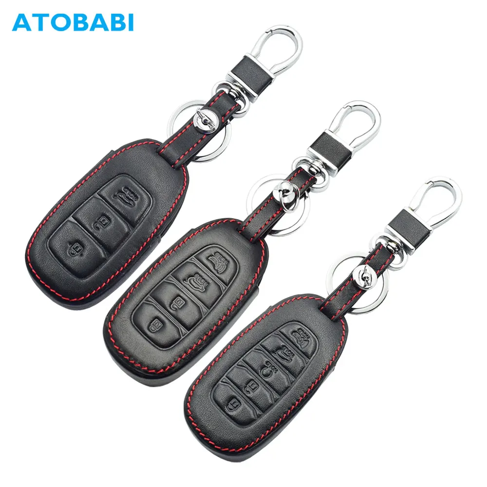 ATOBABI Leder Auto Schlüssel Fall Keychain Für Hyundai Verna SantaFe 2018 2019 2020 i30 Palisade Kona Azera Accent Smart Remote abdeckung