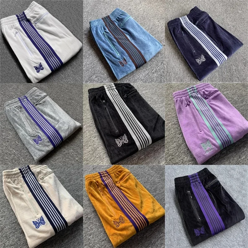 2024 серые бархатные брюки с вышивкой бабочки лучшее качество AWGE полосатые