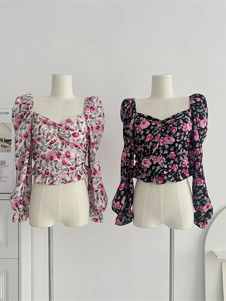 

Блузка женская с квадратным вырезом, винтажная рубашка с расклешенными рукавами, в классическом Корейском стиле, с цветочным принтом, элегантный дизайн, весна-лето