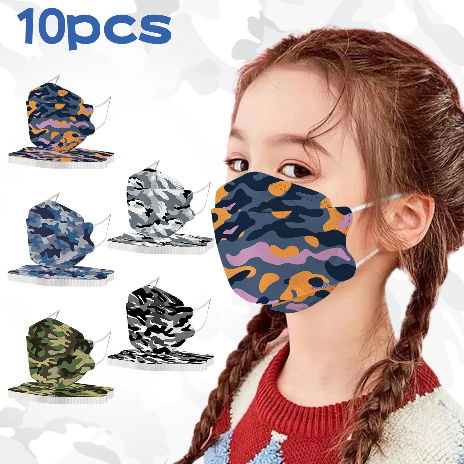 

10PCS Children's Disposable Masks camouflage Printed Outdoor Prevention Fish Mask Dustproof Filter Pm2.5 Mask Earloop Bandage