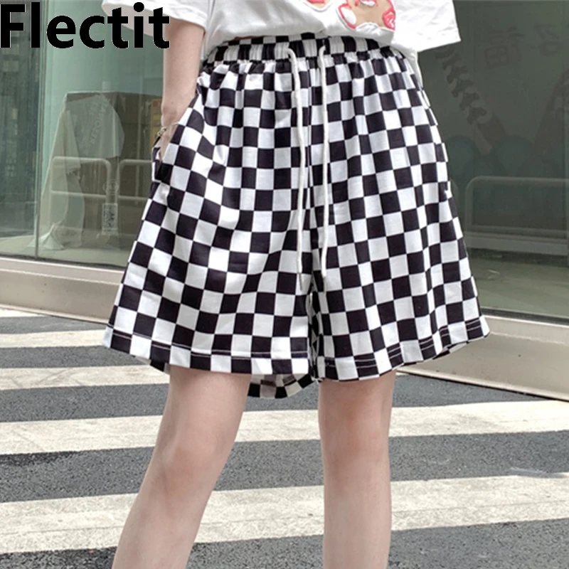

Шорты Flectit женские в шахматную клетку, с карманами, с эластичным шнурком на талии, с широкими штанинами, черные, белые, на весну-лето