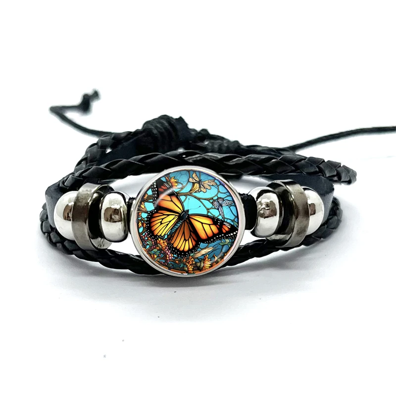 

Butterfly Leather Bracelet Glass Dome Multilayer Braided Bracelets Bangles Handmade Jewelry Gifts