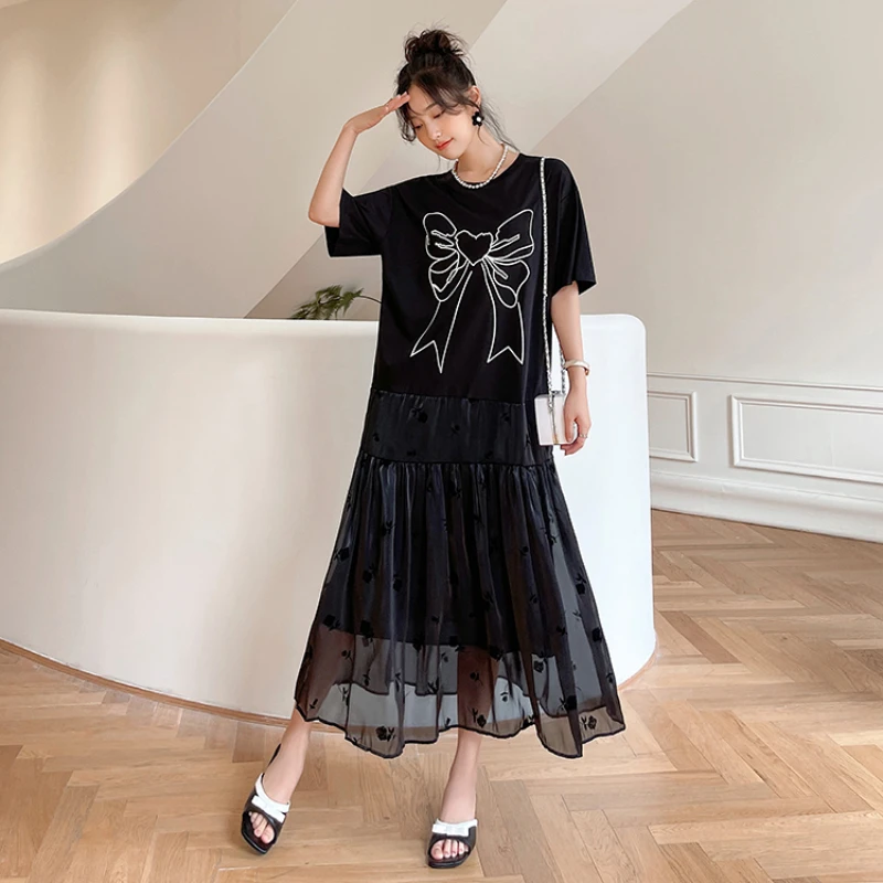 Loose Plus Size 4XL Women's Clothing 2022 Summer Butterly Print Patchwork Lace Black Pleated Dress Female Robe Vestido KE2823 - купить по