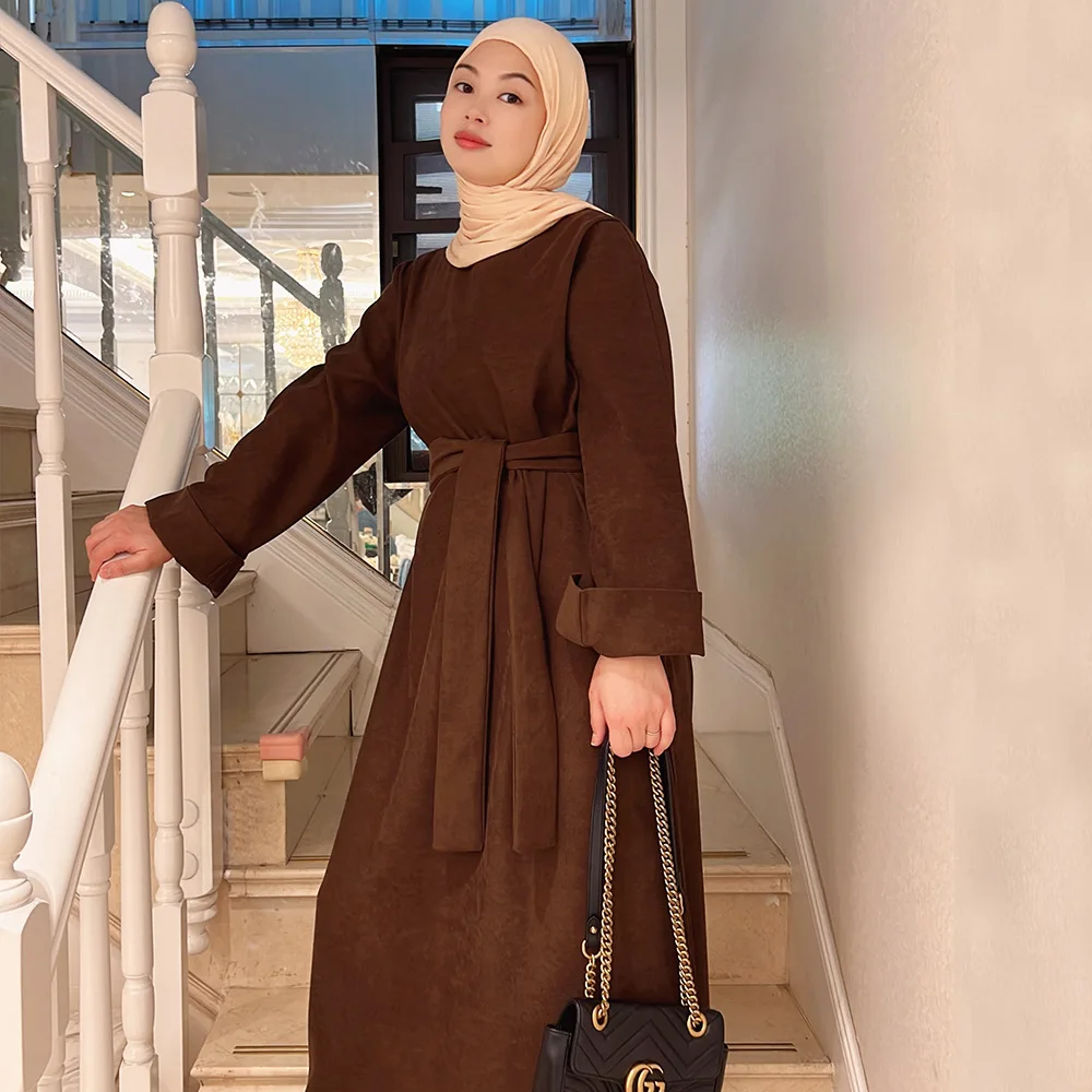 Dubai Turkey Middle East Solid Color Muslim Dress Fashion Long Sleeve Robe Abayas for Women Vestidos Largos Moroccan Kaftan