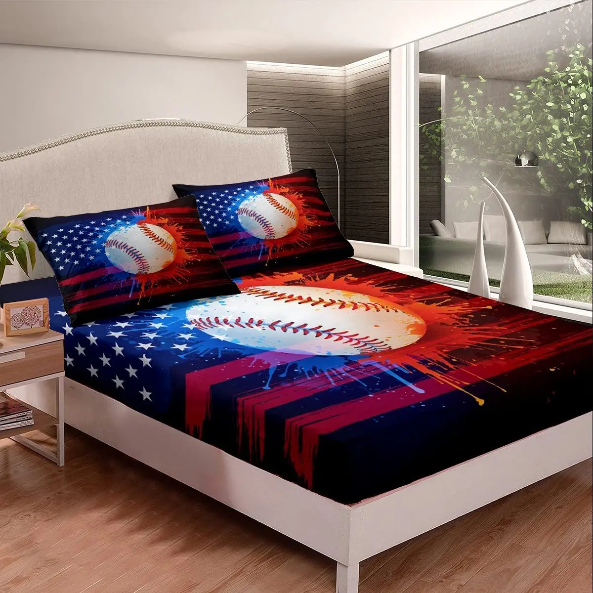 

Детская натяжная простыня с Бейсбольным принтом, тема спортивных игр, тема бейсбольной игры с американским флагом в качестве фонового рисунка, размер King